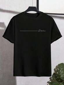 cuello redondo para hombres, camiseta de cuello redondo con estampado de letras de arte lineal dibujado a mano, camiseta casual de lujo minimalista para vacaciones y exteriores para hombres - Negro - Ver 3