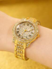 1pc Gold Diamond Watch With 5pcs Fashion Accessories Set, Versatile For Daily Wear, Suitable For Holiday Parties And Various Occasions - Gold - View 6