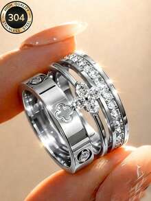 2026 New 304 Stainless Steel Silver Stackable Ring Set, 3pcs Clover And Full Rhinestone Rings, Hypoallergenic Minimalist Jewelry, Perfect Mother's Day Gift, Summer Vacation Accessory - Ring - View 12