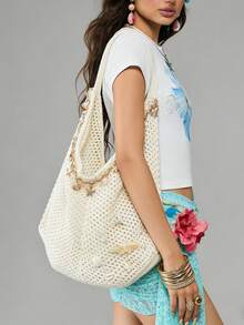 Fashionable Versatile Colorblock Shoulder Bag, Niche Design Cute & Exquisite Hobo Bag, Suitable For Shopping, Commuting, Daily Outings - Beige - View 4