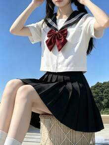 1件日系清新甜美校園風黑色領口白色水手服JK制服套裝 秋季 - 黑色 - 查看 4