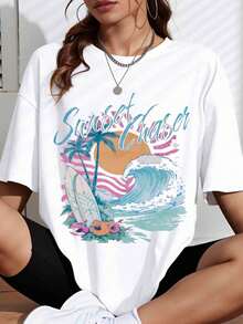 Casual Camisole With Graphic Print Of Sun Chaser, White Palm Tree, Surfboard, Waves And Flowers, Summer Beach Casual Wear - 白色 - 查看 1