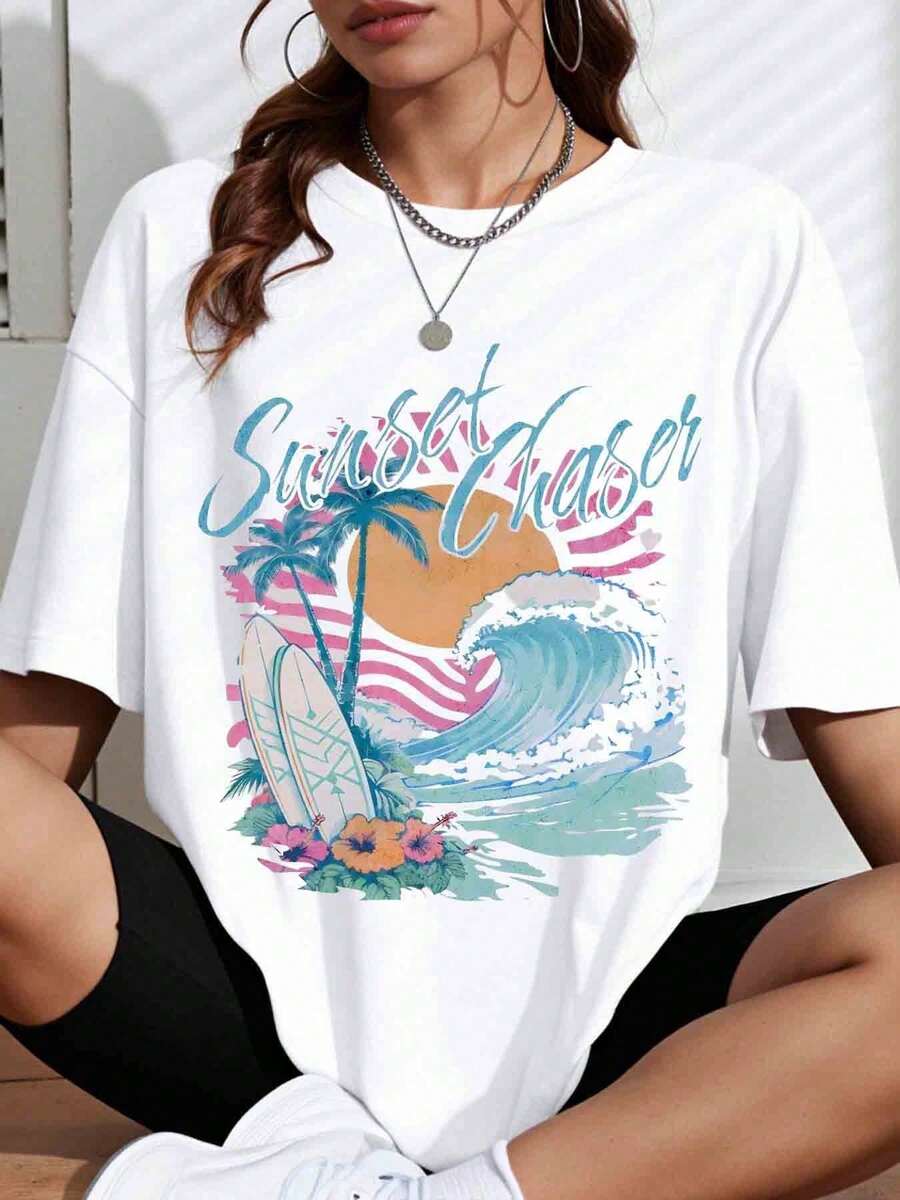 Casual Camisole With Graphic Print Of Sun Chaser, White Palm Tree, Surfboard, Waves And Flowers, Summer Beach Casual Wear - 白色 - 查看 1