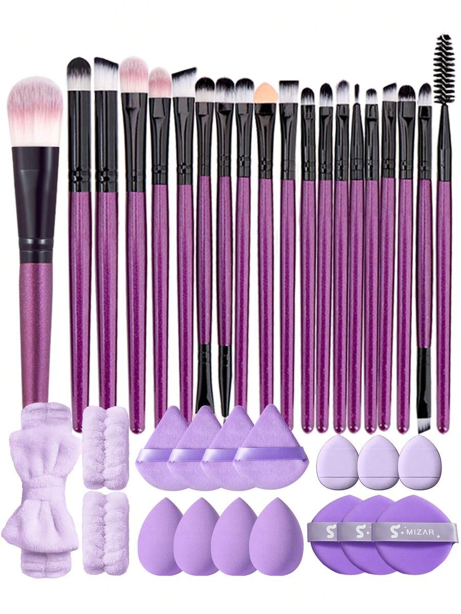 26/37Pcs Total Purple Makeup Tool Kit,20Pcs Makeup Set,Soft Synthetic Cosmetic For Foundation,Eyeshadow & Eyebrow, Includes Makeup Sponges, Triangle Powder Puffs, Hair Band & Wristbands, Multifunctional Cosmetic Accessories For Daily Face Makeup - Purple - View 1