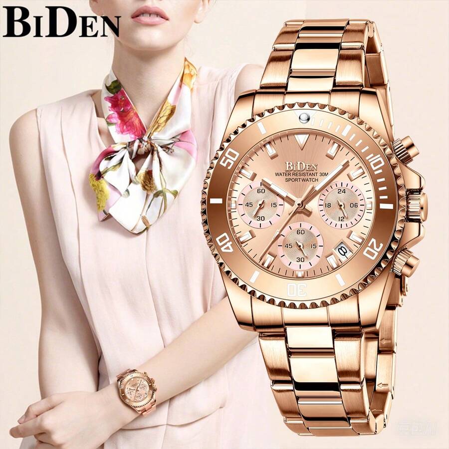 BIDEN 1件女士手錶，計時碼錶，防水，日曆，不鏽鋼錶帶，時尚優雅石英女士手錶+盒子