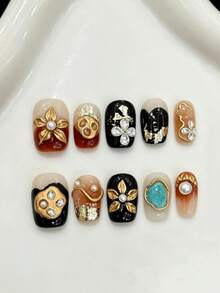 10PCS Short Square Handmade Press On Nails For Party And Daily Wear,Gold Nails,Sapphire Ocean Cat Eye Luxury Short Reusable Press On Nails,Easy To Wear,Summer Nails,Shining Bright,Suitable For Girls And Women Festivals Parties And Daily Wear - Gold - View 10