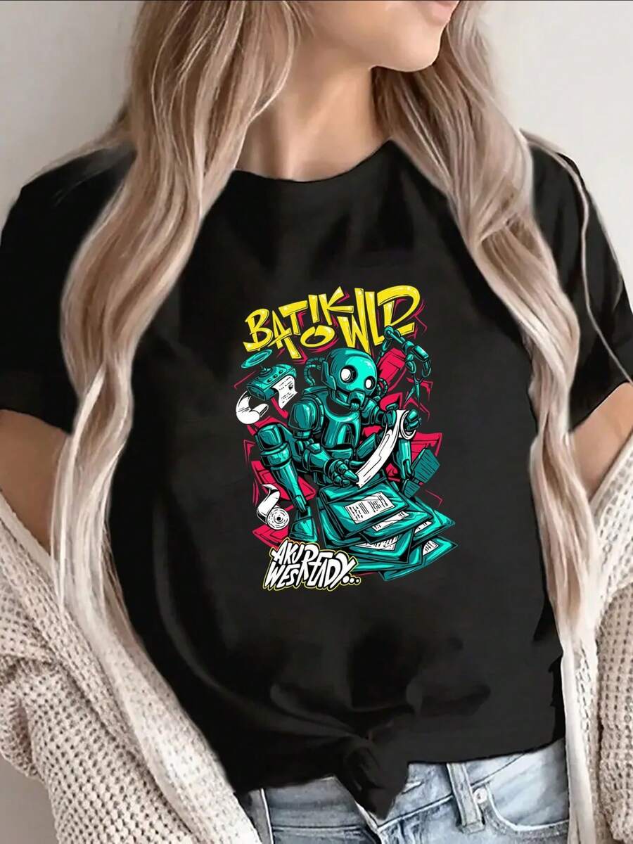 Women's Short-Sleeved T-Shirt With A Striking Graphic Design Featuring A Teal Skeletal DJ Theme, Bright Yellow And Red Highlights, ..., Perfect For DJ Enthusiasts... - 黑色 - 查看 1