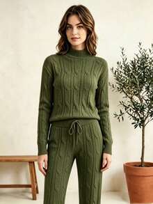 1pc Casual Blouse And Pants Set, Daily Winter Modal Knit, Classic Cable Knit - Dark Green - View 2