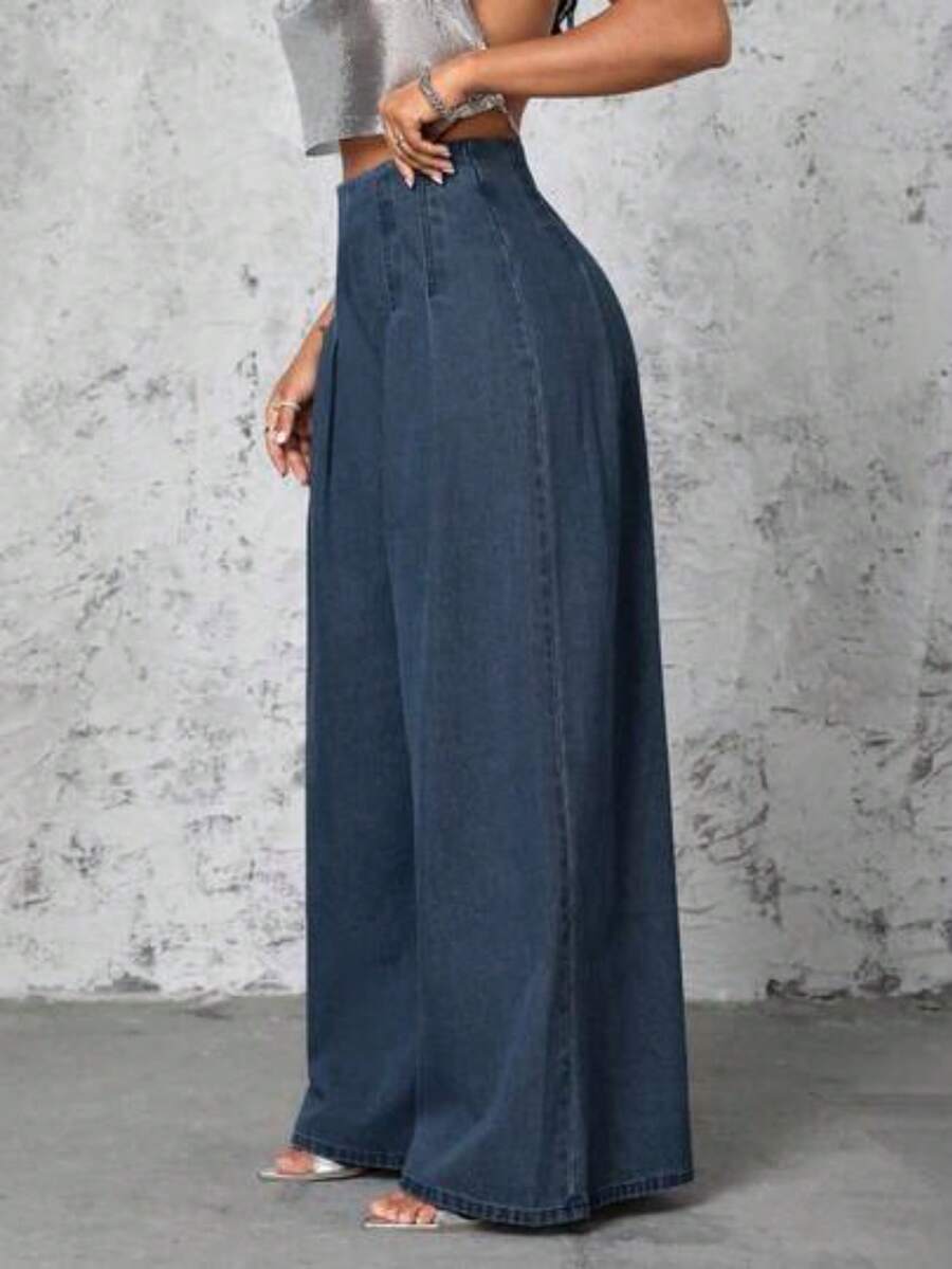 Jeans de cintura alta y pierna ancha para mujer - Azul - Ver 1