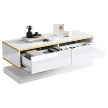 High-Gloss White Lacquered TV Stand And Coffee Table Set, TV Stand With 3 Drawers, Coffee Table With 2 Drawers, Gold Finish, For The Living Room. - 白色 - 查看 7