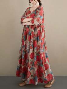 Summer 2026 Striped Dress, Women's Bohemian Casual Beach Vacation Dress. This Loose-Fitting A-Line Dress Features A Round Neck And Batwing Sleeves. - 紅色2 - 查看 1