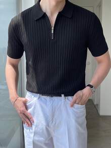男士素色針織休閒百搭通勤旅行拉鍊 Polo 衫 - 黑色 - 查看 5
