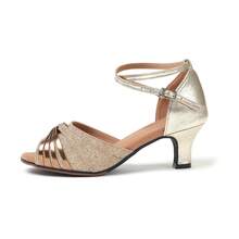 Women's Latin Dance Shoes, Golden Glitter Strap With Buckle Closure, Heel Height: 2.17 Inch - Gold - View 10