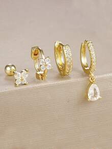 4件/組 18K鍍金亮面鋯石花朵耳環組，女款蝴蝶鋯石耳釘，耳輪、耳軟骨、耳屏穿刺銅與不鏽鋼耳環，女孩禮物飾品 - 4pcs Earrings set - 查看 2