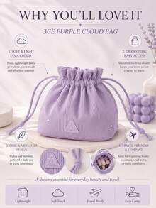 3CE Purple Cloud Bag, Vertical Ribbed Soft Fabric, Drawstring Closure Design, Large Capacity, Portable And Fits In Large Bags, Daily Storage - Purple - View 5