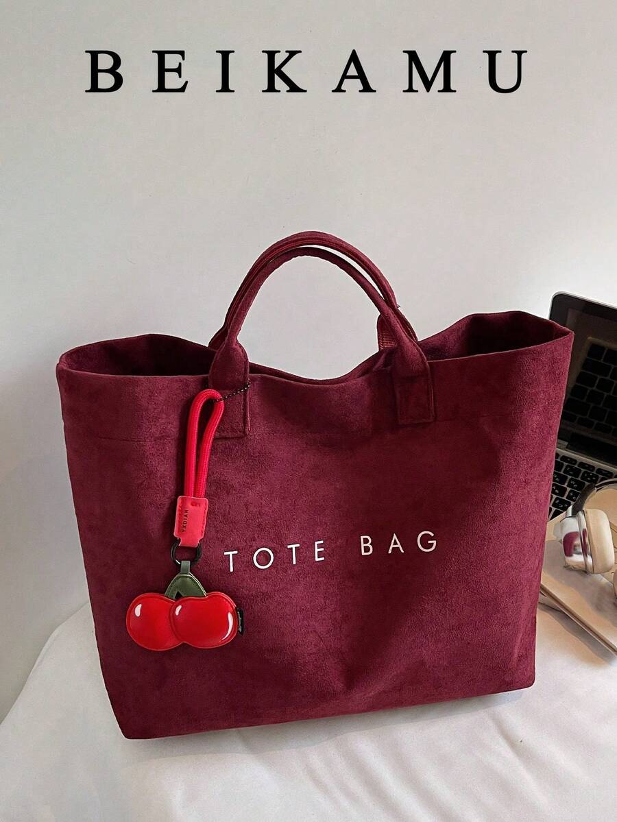 1 pieza Bolso de mano de gran capacidad de unicolor y moda BEIKAMU, con asas duales y versátil, adecuado para el uso diario y las compras - Burdeos - Ver 1