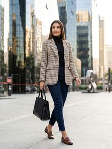 Women's Checkered Tweed Blazer, Casual Elegant Checkered Pattern With Buttons On The Front. - Đen và Cam - Xem 1