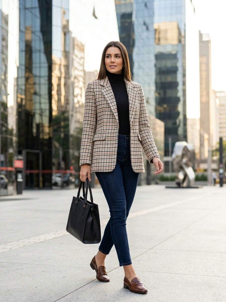 Women's Checkered Tweed Blazer, Casual Elegant Checkered Pattern With Buttons On The Front. - Đen và Cam - Xem 1