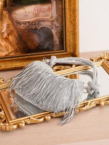Shiny Tassel Evening Bag With Rhinestone Decor, Elegant Fashion Handbag For Formal Dresses, Party, Gathering And Events - Silver - View 7