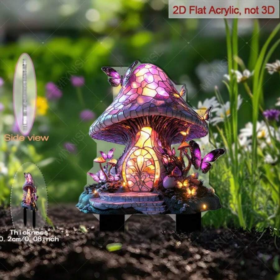 Printed Colorful Glass Mushroom House Acrylic Garden Stake, Butterfly Surrounded Lawn Decor, Yard Flower Bed Landscape Ornament - E - View 1