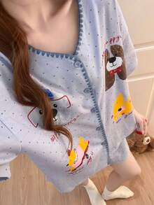 2件組女款睡衣家居服套裝，可愛動物印花鈕扣短袖簡約休閒時尚短褲，舒適居家，易打理面料 - 藍色 - 查看 6