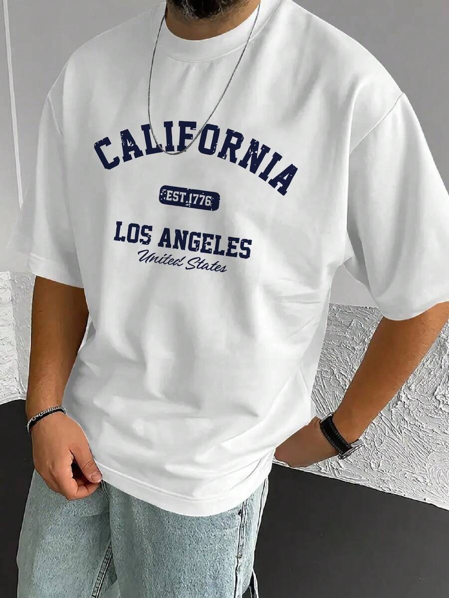 Men's Short-Sleeved T-Shirt, One Size Fits Most, Modern American Style, Eye-Catching Urban Design, Comfortable Top For Spring And Summer, Graphic And Text Prints, H Style - 白色 - 查看 1