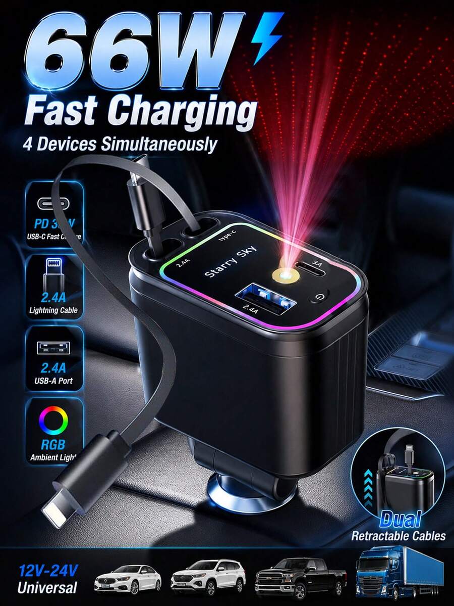 4 In 1 Retractable Car Charger With Starry Sky Light, 66W Fast Charging Car Charger With Type-C & Lightning Retractable Cables, USB-A & Type-C Ports, Compatible With IPhone Android, Car Accessories Gift For Men Women