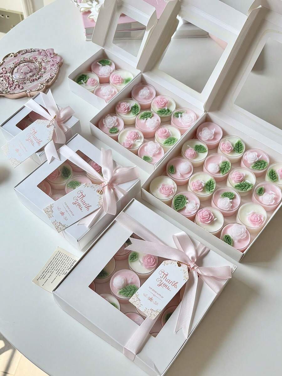 4/9/16pcs Rose Tea Candle Set, Handmade Pink & White Decorative Candles, Aesthetic Gift Box, Suitable For Room Decor, Birthday, Wedding, Valentine's Day & Party Decoration - Multicolor - View 1