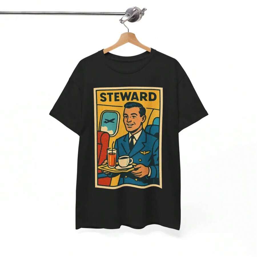 Camiseta de Esteward: Regalo Retro de Cómic para Tripulación de Aerolínea - Unisex para Uso Diario de Hombres y Mujeres - Negro - Ver 1