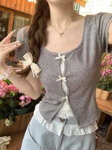 Women's Summer Lace Patchwork 2-In-1 Short Sleeve T-Shirt, Suitable For Valentine's Day, Spring/Summer Vacation - Grey - View 3