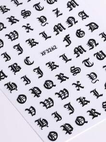 2張3D自黏式哥德字母美甲貼紙，黑色古英文A-Z字母，龐克Y2K風格，復古個性化美甲DIY裝飾配件 - 黑色 - 查看 7