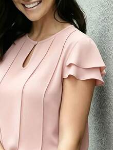 Solid Color Cutout Ruffle Button Shirt Office Summer Pink - Pink - View 3