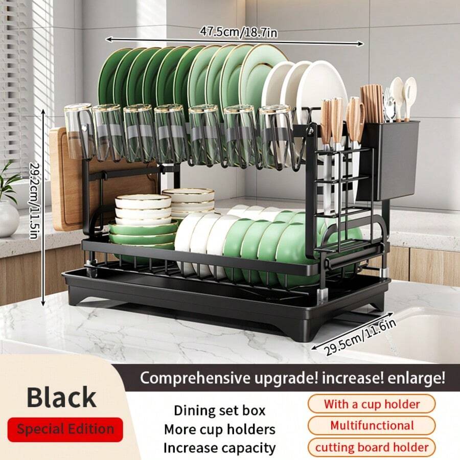 Kusuxva This Double-Layer Metal Kitchen Countertop Dish Rack Is Space-Saving And Durable. It Comes With A Knife And Fork Holder, Cup Holder, Cutting Board Holder, And Rust-Proof Drain Tray. Kitchen Storage Items Help You Keep Your Kitchen Neat And Organized. - 黑色 - 查看 1