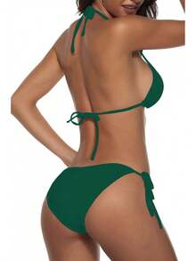 Women Two Piece Swimsuit Sexy Swimwear Halter String Triangle Bikini Sets - Dark Green - View 3