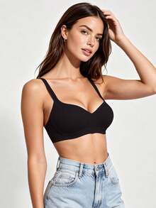 1pc Women's Comfortable Wireless Soft Cup Solid Color Bra - Black - View 2