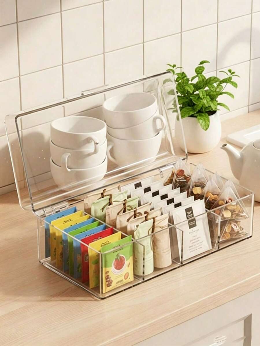 Transparent Vertical Striped Acrylic Tea Bag Storage Box With Hinged Lid, Divided Coffee Bag Storage Box, Countertop Office Pantry Herbal Tea Bag Dust-Proof Container - Transparent - View 1