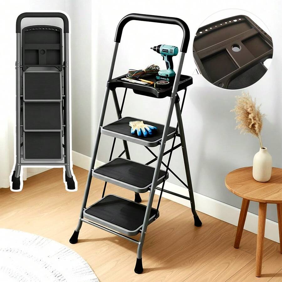 Escalera plegable de 3 peldaños con pasamanos, taburete escalera antideslizante de uso rudo para el hogar, taburete plegable portátil de acero para cocina, pintura y uso interior - Tres pasos - Ver 1