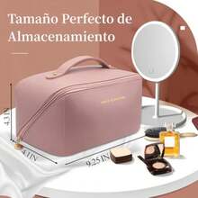 Bolsa de Cosmeticos de Viaje, Cosmetiquera de Piel para Mujeres, Neceser de Viaje Impermeable, Makeup Bag de Gran Capacidad, Bolsa de Maquillaje Portátil, Bolsa de Aseo con Asa Rosa - Rosa-1 - Ver 3