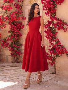 ADYCE Elegant Boat Neck Waisted Backless Bodycon Tie-Back Midi Party Dress Prom Gown Homecoming Wedding Guest Formal Dinner Birthday Party Date Night Club - Red - View 3