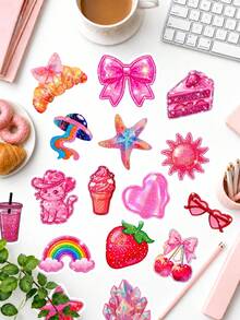 50Pcs Hot Pink Glitter Vinyl Stickers, Y2K Sparkly Cat, Gummy Bear, Strawberry, Ice Cream & Crystal Illustrations Decals, Waterproof Stickers For Skateboards, Luggage & Teen Room Decor - Coral Pink - View 1