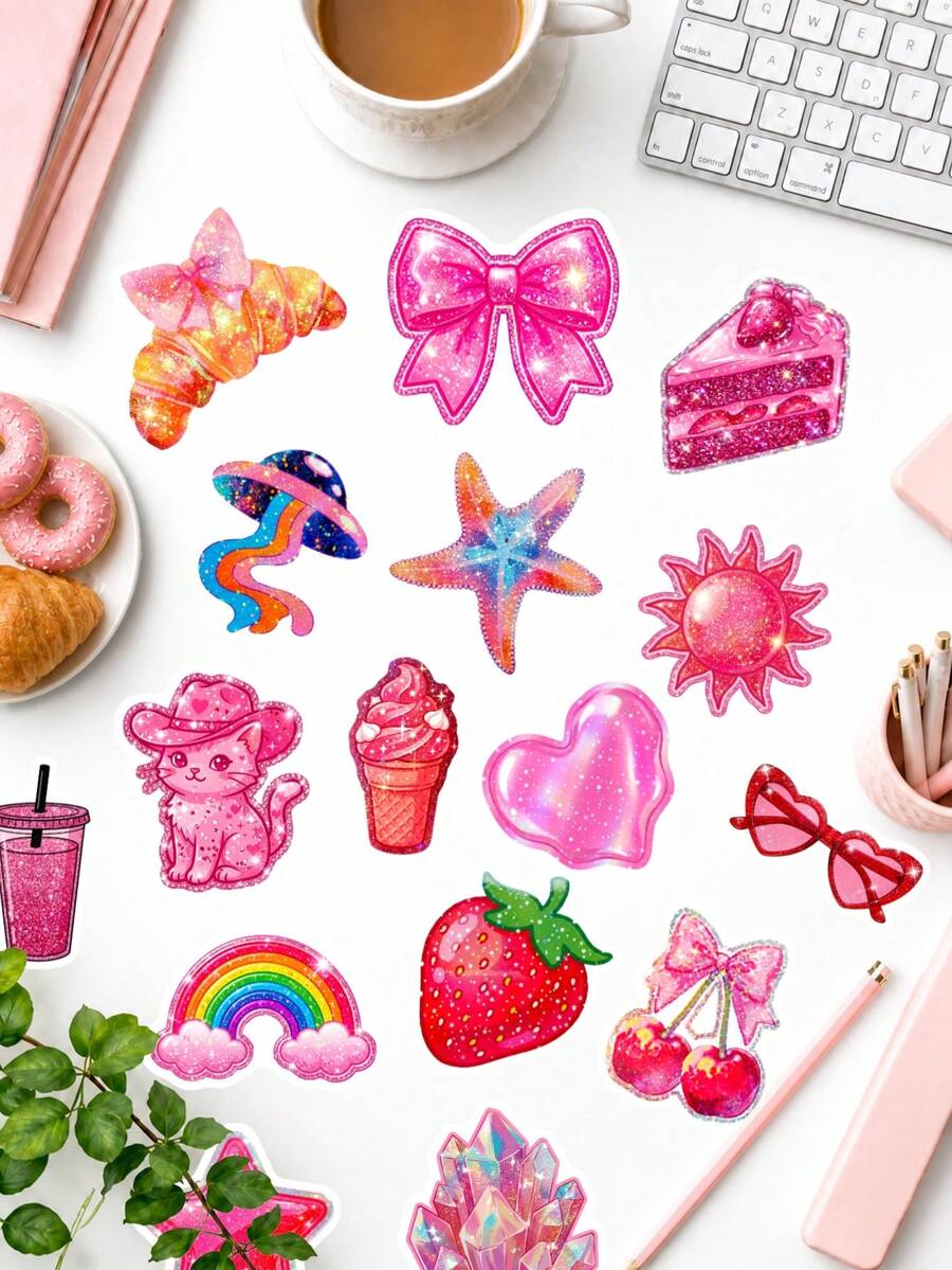 50Pcs Hot Pink Glitter Vinyl Stickers, Y2K Sparkly Cat, Gummy Bear, Strawberry, Ice Cream & Crystal Illustrations Decals, Waterproof Stickers For Skateboards, Luggage & Teen Room Decor - Coral Pink - View 1