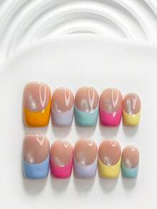 10pcs Dopamine Style Handmade Press-On Nails, Poly Gel Nail Art Set, Colorful French Manicure, Orange, Purple, Blue, Pink Nail Polish, Sweet & Cool Style, Includes Nail Art Tools, 3 Sizes Available, Square, Short Square, Almond Shape, Suitable For Party, Dance, Daily Wear - 彩色 - 查看 17