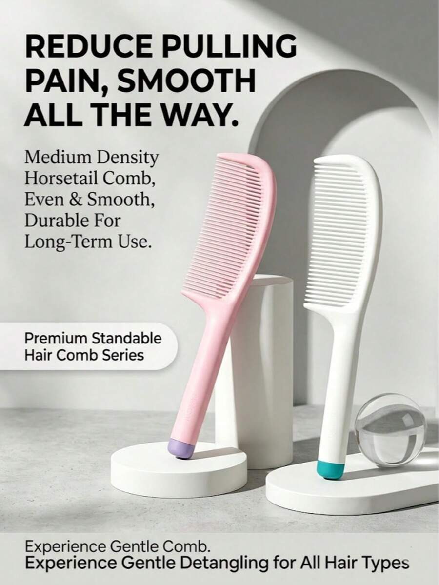 1Pc Standable Two-Tone Handle Hair Comb, Medium Density Smooth Detangling Plastic Hair Comb For All Hair Types - Multicolor - View 1