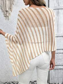 Plus Size Casual Striped Colorblock Asymmetric Design Cape Knit Top Summer - Khaki - View 3