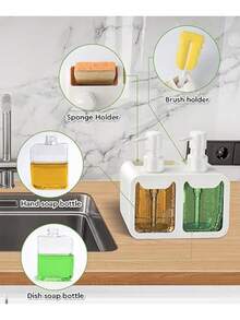 Bestseek Juego de dispensador de jabón para manos y platos de cocina, dispensador de jabón doble con organizador de esponja y soporte para brochas, organizador 4 en 1 blanco, HS-V - Negro - Ver 3