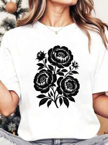 Camiseta de cuello redondo mujer con estampado floral de peonía negra, manga corta, casual de verano para uso diario y actividades de ocio - Blanco - Ver 2