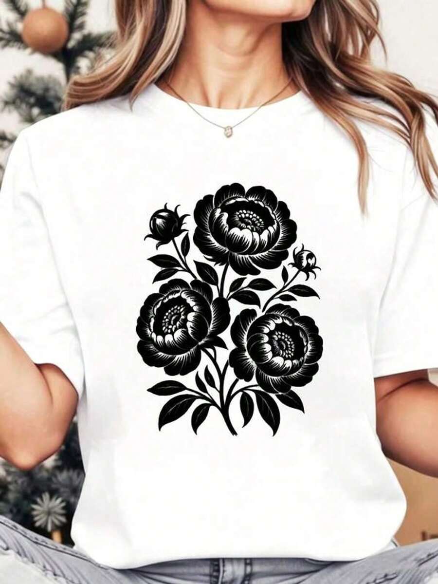 Camiseta de cuello redondo mujer con estampado floral de peonía negra, manga corta, casual de verano para uso diario y actividades de ocio