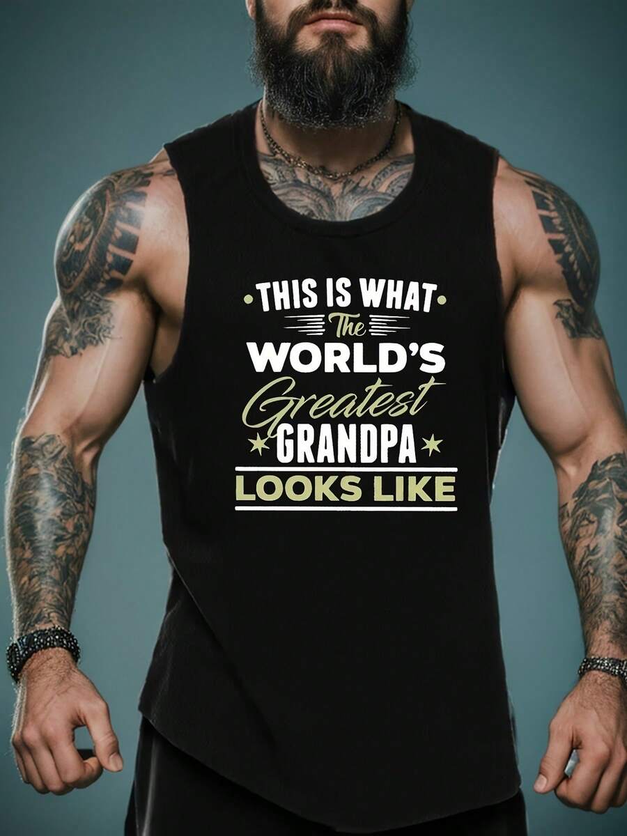 Camiseta sin mangas tipo tirantes con estampado "Grandpa" para hombre, camisetas interiores activas para entrenamiento en el gimnasio, 7. 05 oz de camiseta sin mangas transpirable estampada - Negro - Ver 1