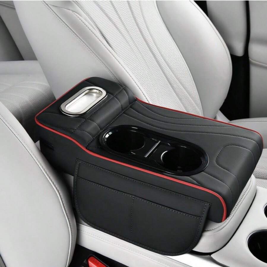 1pc Car Armrest Box Pad, Leather Center Console Cover, Universal Car Armrest Cover, Equipped With 2 Cup Holders, Multi-Functional Car Tissue Box, Side Storage Pocket Design, Car Interior Accessory, Armrest Box Heightening Pad, Suitable For Most Cars - Multicolor - View 1