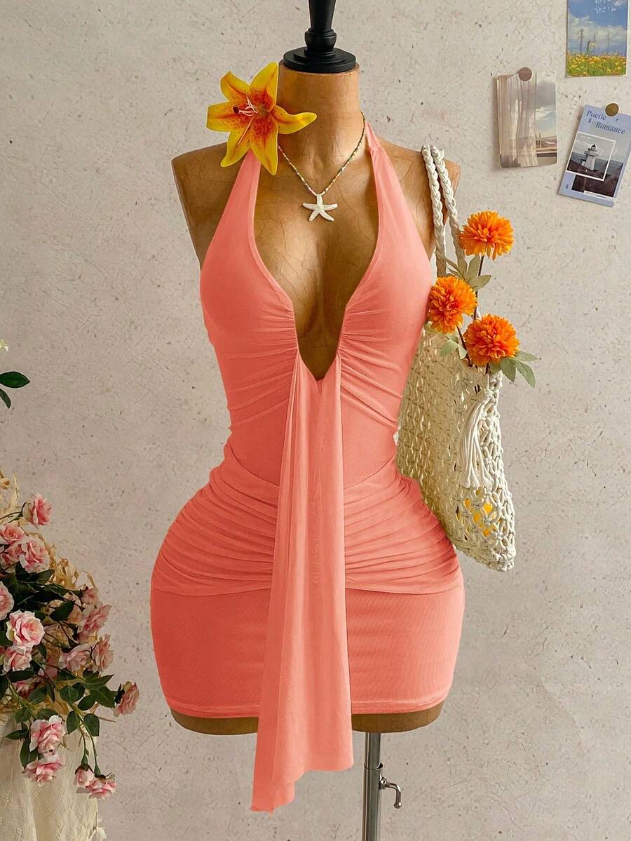 Vestido mini con estampado floral, diseño de lazo y escote halter, para vacaciones - Rosa coral - Ver 1